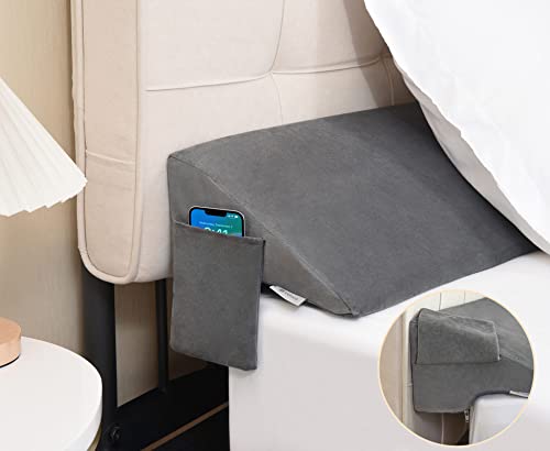 Image of Vekkia Twin Bed Wedge Pillow for Headboard Gap Filler(0-5 inch),High-Density Foam,Prevents Pillows & Items from Falling,Ergonomic Design,Large Storage Pockets, Removable&Washable Cover,Gray,39''x10''x6''