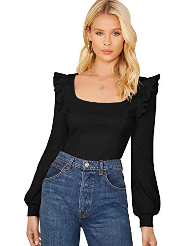 Shein Women's Long Sleeve Scoop Neck Ruffle Trim Top Blouse Lantern Sleeve Solid Tee Black X-Large #TOP22