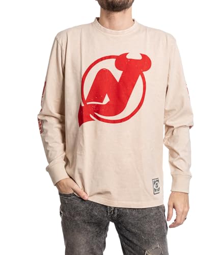 Calhoun NHL Surf N' Skate Men's Acid Wash Distressed Logo Long Sleeve Shirt (New Jersey Devils, Large)