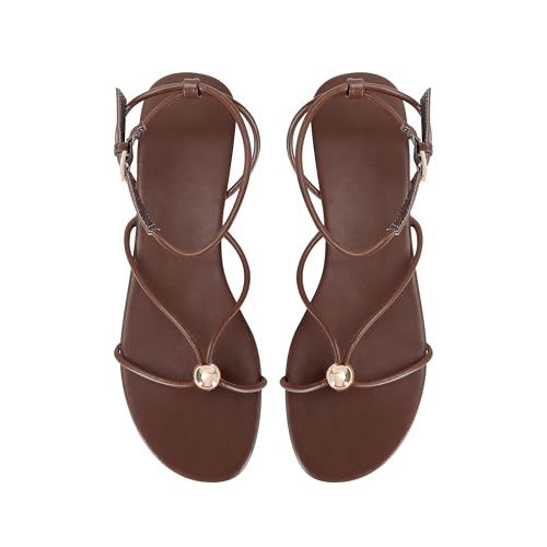 Image of Strappy Flat Sandals for Women Comfortable Open Round Toe Sandals Dressy Beach Thong Flip Flop Slides
