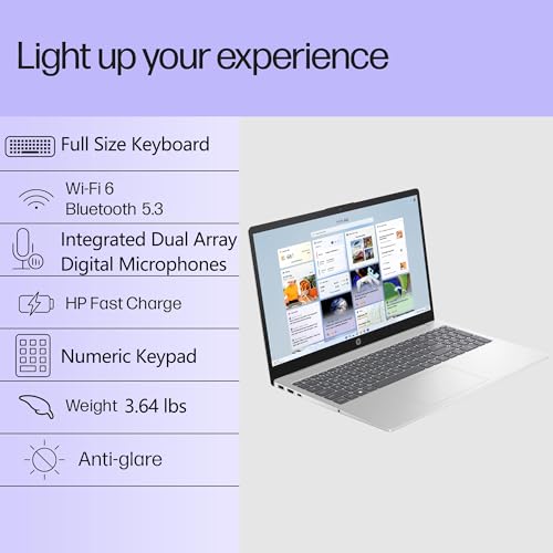 Image of HP Laptop Computer 15.6 inch FHD for Student Home and Business, Intel 4-Core Processor, 16GB DDR4 RAM, 1TB PCIe SSD, WiFi 6, Bluetooth 5.3, Type-C, HDMI, Webcam, Silver, Windows 11 Pro