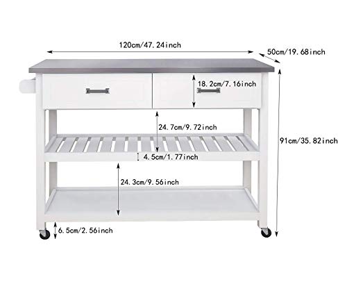 Rasoo Kitchen Island White Stainless Steel Top Kitchen Cart On Wheels With 2 Drawers And Storage Shelves, 47.24"X19.68"X35.82"(Lxwxh #TOP6