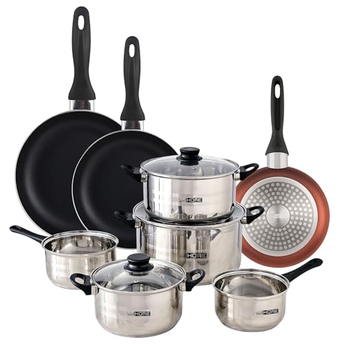 Urban Cook Set de Batería de cocina de 8pc en acero inoxidable + 3 Sartenes Ø16Ø20Ø24cm Cobre metalizado en aluminio prensado