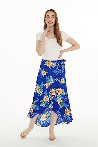 Women's Hawaiian Luau Wrap Ruffle Skirt in Hibiscus Blue4