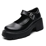 QHH Mary Jane Shoes Women Platform Mary Janes Low Heel Chunky Pumps Ankle Strap Round Toe Leather Non-Slip Business Casual Shoes Comfortable Dress Shoes Office Work Ladies Pumps Shoes Black US 8.5