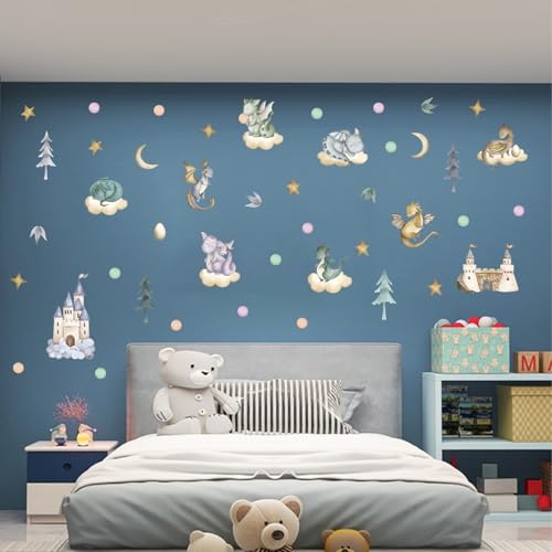 Image of LHIUEM Dragon Wall Decal Castle Wall Stickers 77PCS Stars Moon Cloud Dragon Birthday Banner Murals Watercolor Dinosaur Room Decor Cute Dragons Baby Shower Decorations Gift for Kids Toddler Nursery