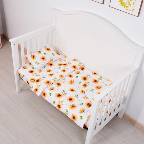 Image of JISEN 3 Piece Baby Crib Bedding Set for Girls - Soft Floral Crib Comforter Set with Crib Sheet Comforter and Pillowcase Sunflowers
