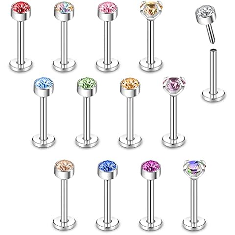 BodyAce Threadless Cartilage Tragus Earrings, CZ Diamond Push-In Lip Bars Labret Rings Studs, Vertical Medusa Helix Piercing Jewellery for Women Men (A:13pcs Lip Bars; L:6mm) Cover
