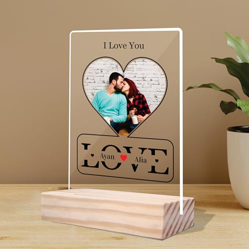 Image of Giftplease Customized Photo And Text Frame With Wooden Stand | Personalised Printed Photo Frame | Gift | Birthday | Anniversary (Transparent, 5MM, 6 * 8 Inches), Tabletop