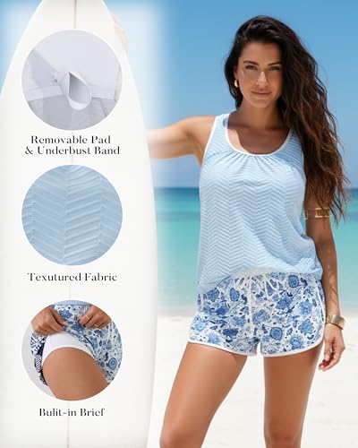 Image of Aidonger Women's Tankini Swimsuit Modest Two Piece Bathing Suit Tummy Control Athletic Blouson Tank Top with Short Bottoms