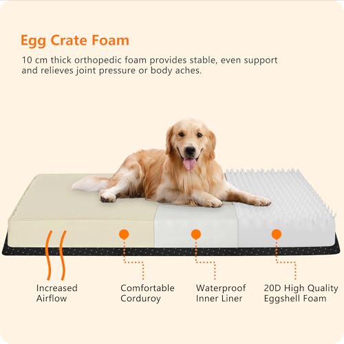 HMTOPE Orthopädisches Hundebett, 10cm Dicke Hundekissen für Mittelgroße Hunde, Grosse Hunde, Abnehmbar und Waschbar Hundematte, rutschfeste Unterseite, Wasserdichtes Innenfutter, 112 cm, Beige