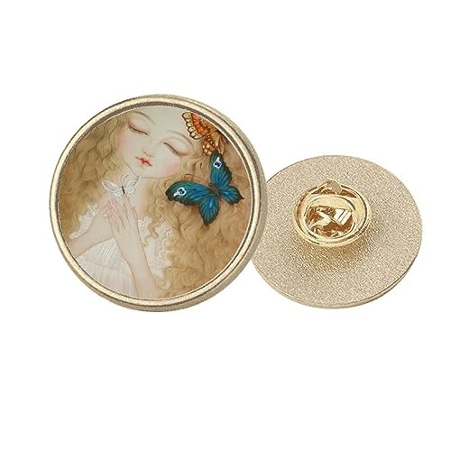 Broche ronde Dress Pretty Girl en métal doré et peinture chinoise raffinée