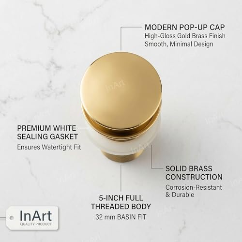 Image of InArt Pop-up Brass Basin Drainer /Waste Coupling /Waste Kit for Bathroom Wash Basin /Vessel Sink 5 Inch Brass Full Threaded Pop Up Waste Coupling 32 MM (Gold)