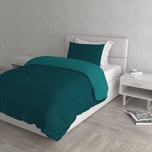 Italian Bed Linen CP-NC Natural Doble Color y Funda de Almohada, Verde Petróleo/Verde Botella, Sencillo, Sìngolo