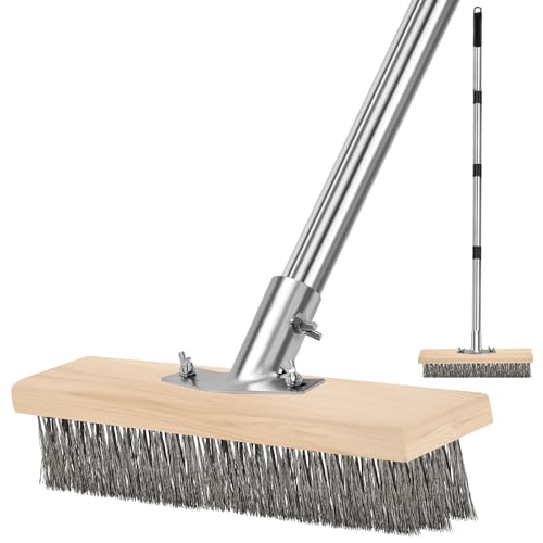 Stainless Steel Pool Scrub Brush with Adjustable Handle, Heavy Duty Stiff Bristle Scrubber for Rough Surfaces, Moss Removal, and Tough Stains on Concrete, Grout, Patio, Garage & Pool
