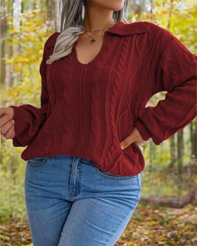 Image of Plus Size Sweaters for Women Polo V Neck Chunky Cable Knit Pullovers 1X-5X