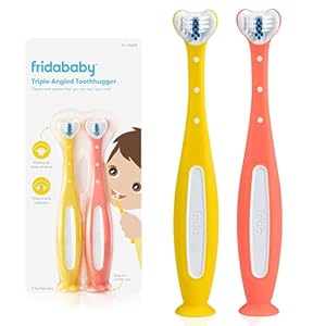 Frida Baby Triple-Angle Toothhugger Training Toddler Toothbrush, Easter Basket Stuffer for Kids, Toddler Toothbrush 2+, Soft Bristles, Suction Cups, Three Sided, Cleans All Sides, 2pk, Pink/Yellow
