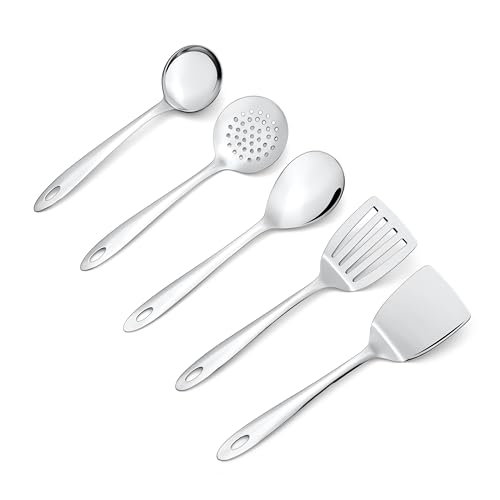 Image of Montavo by FnS 5 Pieces Stainless Steel Serving Tools Set | Slotted Turner, Soup Ladle, Skimmer Turner, Serving Spoon & Solid Turner | Kitchen Cooking Utensils for Home & Dining