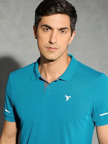 Image of TECHNOSPORT Men's Solid Slim Fit Polo Collar T-Shirt TECHNOCOOL+ Half Sleeve Button Polyester for Gym Running Workout UPF50+ Anti Odour