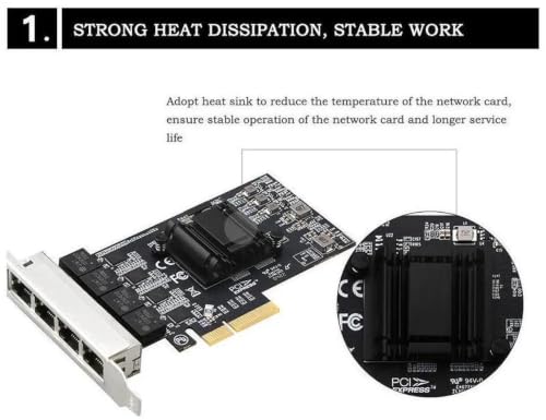 4 puertos 2.5G Tarjeta de Red PCIe x4, Adaptador Ethernet 10/100/1000Mbps/2.5Gbps, Disipador de Calor, Conector Dorado, ECC y CRC, para Escritorio Virtualización PXE Boot sin Disco, Gaming NAS miniatura 4