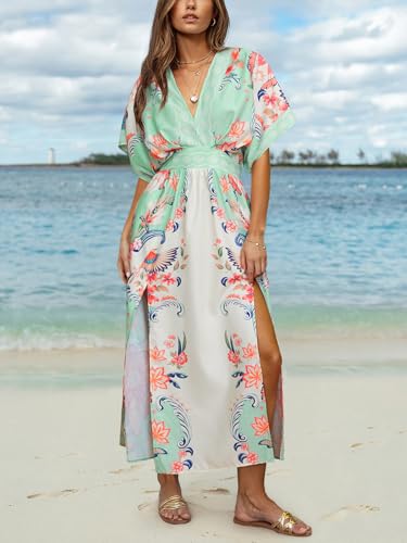 Image of CUPSHE Womens Tropical Floral Maxi Dress V Neck Short Sleeve Smocked Side Slit Dress Summer Vacation Beach Pocket Long Dress