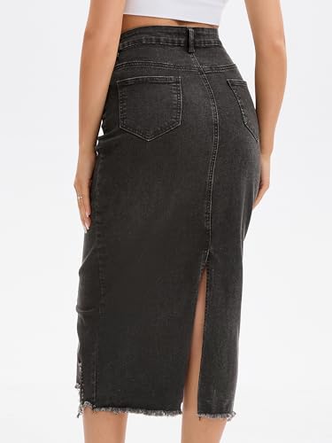 Women's Denim Skirt High Waisted Stretch Ripped Raw Hem Split Casual Midi Pencil Skirt Jean Skirts4