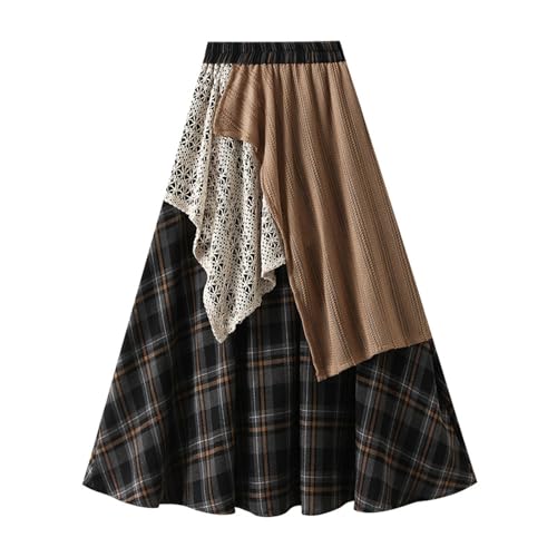 Women's Autumn Casual Plaid Lace Patchwork Maxi Skirt Asymmetrical High Waist Bohemian Long Skirts