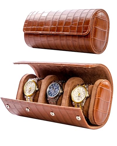 Image of MR.OKAY 3 Watch Travel Case- Classic Leather Watch Case With Superb Texture.(Portable Watch Roll Or Organizer For Storage And Display).Festival Gift For Men, All Handcrafted By Artisans.