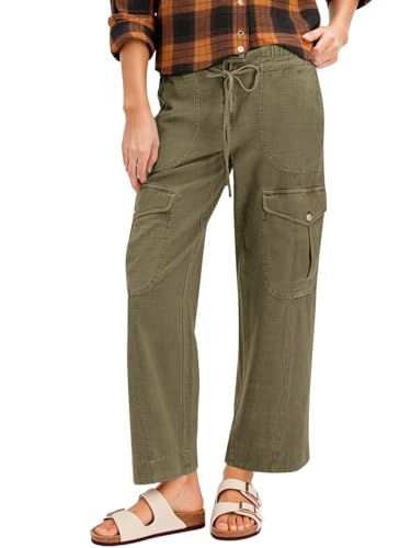 Cicy Bell Womens Cotton Cargo Pants Low Rise Drawstring Waist Wide Leg Casual Hiking Pants with Multiple Pockets