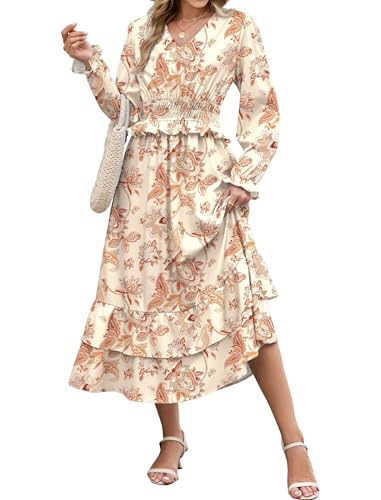 ZAFUL Damen-Midikleid mit Blumenmuster, langärmelig, V-Ausschnitt, gesmokt, Rüschen, Boho, Herbstkleid, Beige / Blumen, X-Groß