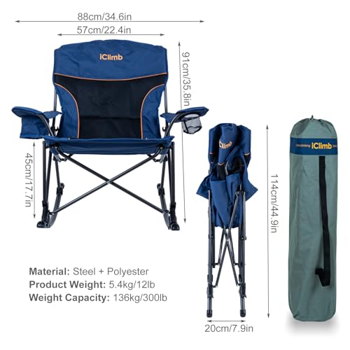 iClimb Padded Folding Rocking Chair Heavy Duty Camping Patio Porch Backyard Lawn Garden Balcony Rocker Indoor Outdoor with Carry Bag