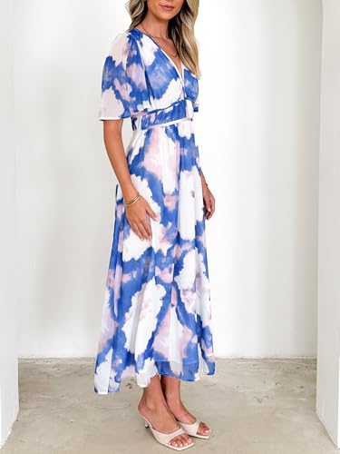 Image of Flessibili Womens Short Sleeve Floral Maxi Dresses 2026 Spring Wedding Guest Party Summer Dress Blue White Large