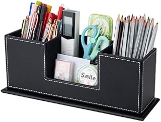 Jeesblsy PU Leather Office Desk Organiser Tidy Pencil Pots Holder Office Stationery Storage Box Multi-Functional for Business Card Pen Mobile Phone Remote Control