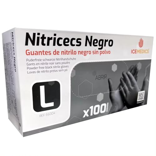ICEMEDICS Guantes de Nitrilo Negro, Talla L, Sin Polvo, 2 estuches de100 Unidades, Para Uso Médico y Profesional, Texturizados, Ambidiestros (L)