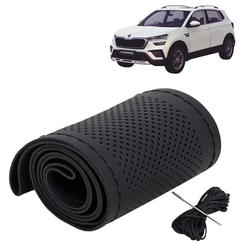 Image of KINGSWAY PU Leatherite Car Steering Cover Sewable Compatible with Skoda Kushaq (Year 2021 Onwards), Black Color with Black Thread, Pack of 1 with Sewing Needle and Thread