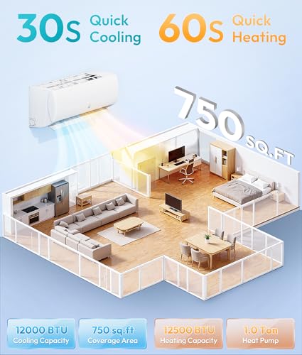 Image of Rellytech Mini Split AC Heating System, 12000 BTU 20 SEER2 110V /115V Heat Pump Ductless Air Conditioner, Pre-charged Inverter Split Unit with Wifi Control, Cools Up to 750 Sq.Ft, White