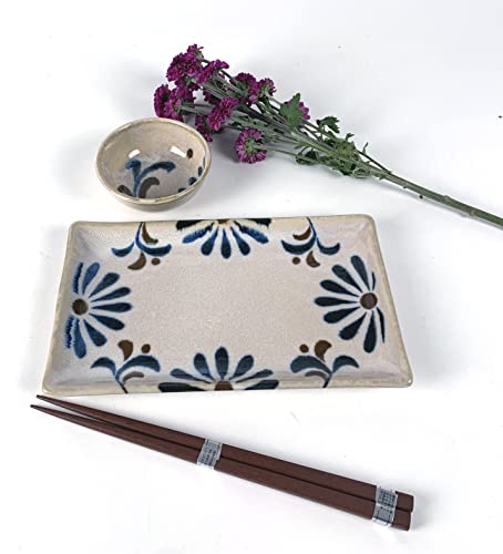 Japanbargain 4698, Japanese Sushi Set Porcelain Sushi Plates Soy Sauce Dipping Bowls And Chopsticks Gift Set, Blue And White Color Kiku Pattern, Made In Japan #TOP5