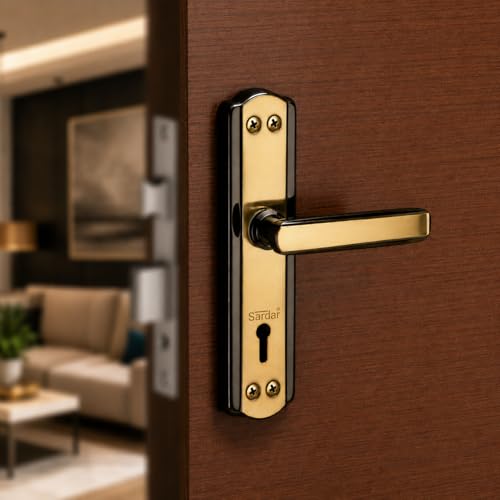 Image of SARDAR Black & Gold 7 Inch Iron Mortise Door Handle Lock Set for Main Door & Bedroom | Heavy Duty Premium Complete Fitting Set | DatsunBGold