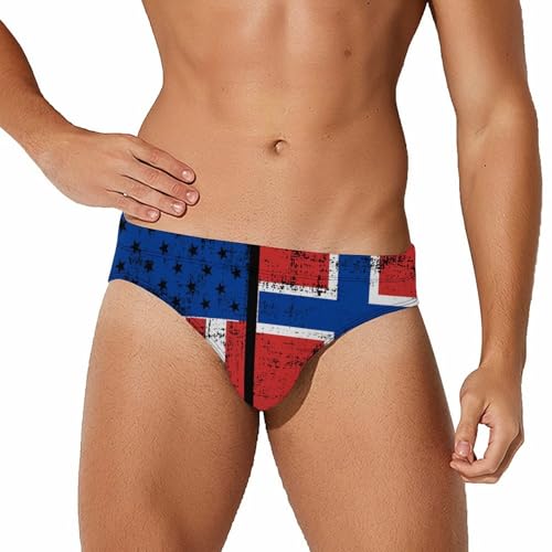 Norwegian Flag and USA Flag Mens Swim Briefs Sexy Bikini Swimwear Bathing Suits Trunks