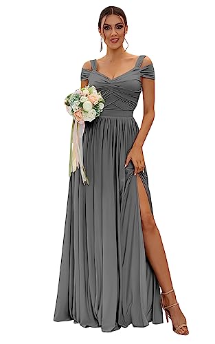 Image of SOLODISH Off The Shoulder Bridesmaid Dresses Long Chiffon Formal Evening Dresses for Women