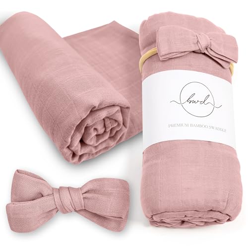 Image of Baby Want Designs Neutral Swaddles for Newborns & Bow — 47x47 Inches 70% Viscose Derived from Bamboo & 30% Organic Cotton Swaddle Blankets — Premium Newborn Swaddle Set Girls (Dusty Rose)