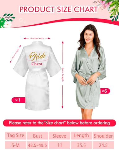 EPLAZA 7 Pcs Bride Bridesmaid Robes for Wedding Bridal Party Women Short Silky Satin Robe Kimono with Gold Glitters2