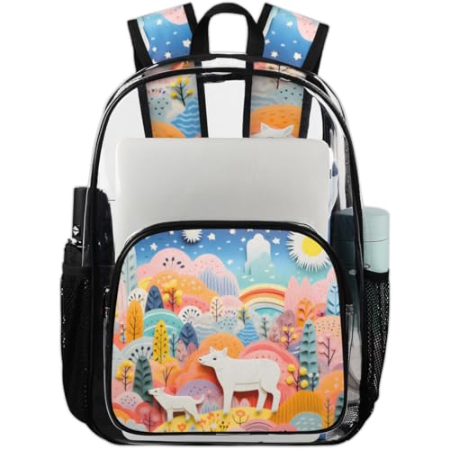 Abstract Flowers Trees Sun Animals Clear Backpack Stadium Approved PVC Backpacks for Adults Heavy Duty Clear Bag for Work Security Travel College