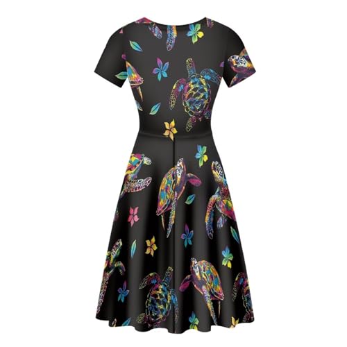 Image of POLERO Women Puffy Swing Elegant Party Midi Dresses Short Sleeve Round Neck A-Line Dress