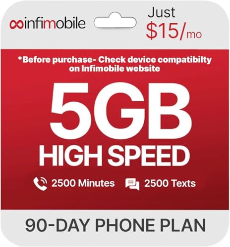 $15/Month | Infimobile Prepaid Plan: 3 Months| 5GB High-Speed Data Per Month | 2500 Minutes and 2500 Text| Prepaid Plan Service SIM Card | Nationwide Coverage | 4G 5G V-Network