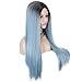 K'ryssma Fashion Blue Ombre Wig with Dark Roots Long Straight Synthetic Wig with Middle Part Blue Wigs for Women Heat Resistant 22 inches