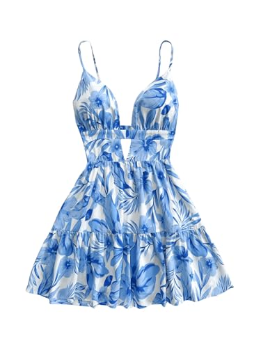 Image of Floerns Women's Sleeveless Butterfly Print Cut Out V Neck Tiered Mini Cami Dresses