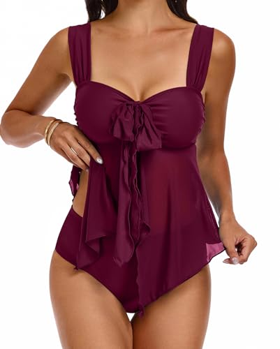 EVOCRCO Women Mesh Tankini Swimsuit Wide Straps Two Piece Bathing