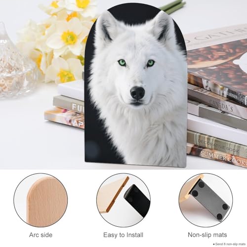 Sujetalibros de lobo blanco de madera y base de metal, organizador antideslizante de 1 par 5