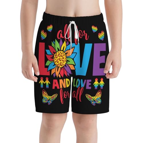 Noasqll LGBT Pride Rainbow Gay Love is All About Hearts All for Love Boys Swim Trunks Big Kids Bathing Suit Teen Quick Dry Board Shorts Youth Swimming Shorts Beach Swimwear X-Large